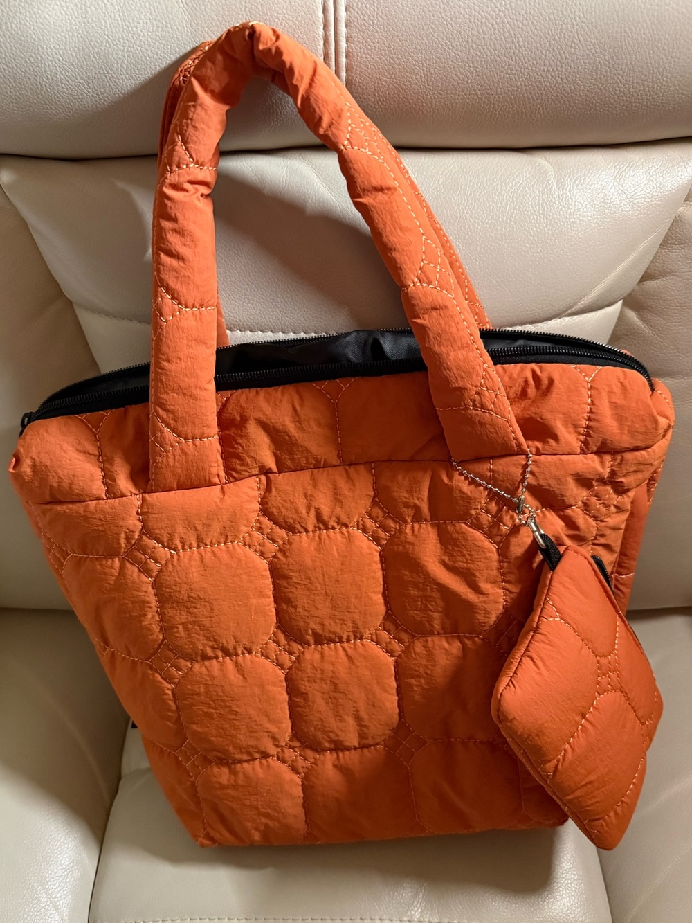 Orange Quilted Tote Bag with Pouch